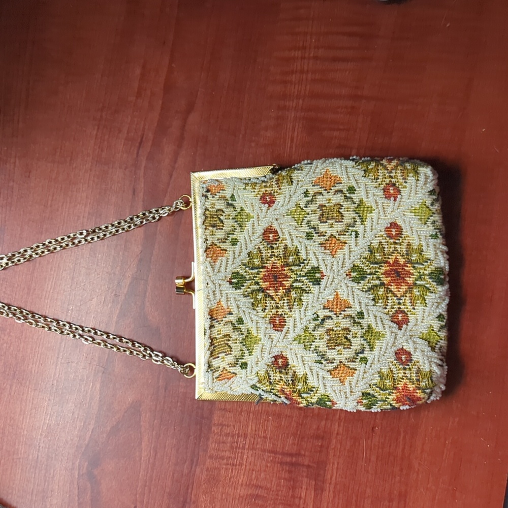Part beaded part tapestry vintage hand bag